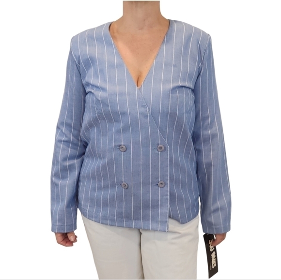 You Babes Jackets & Blazers - You Babes by Fritzi Double Breasted Blue White Pinstripe Blazer Med Vtg
